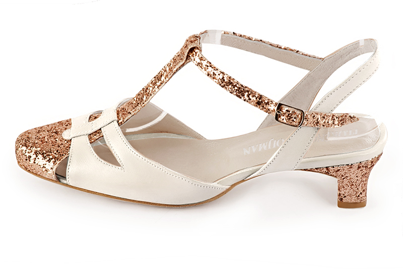 French elegance and refinement for these copper gold and off white dress open back T-strap shoes, 
                available in many subtle leather and colour combinations. Its comfortable fit will accompany you until the end of the night.
Its charming, playful cutout gives you plenty of customization options.  
                Matching clutches for parties, ceremonies and weddings.   
                You can customize these shoes to perfectly match your tastes or needs, and have a unique model.  
                Choice of leathers, colours, knots and heels. 
                Wide range of materials and shades carefully chosen.  
                Rich collection of flat, low, mid and high heels.  
                Small and large shoe sizes - Florence KOOIJMAN